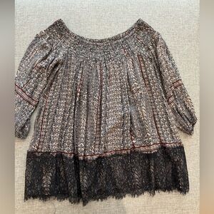 Bohemian Off-Shoulder Shirt with Lace Hem - Size Small